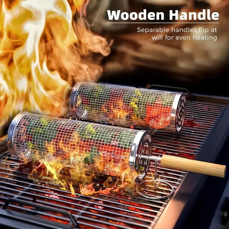 Outdoor Camping Grill - Edelstahl BBQ-Grillkorb, Runder Rollender Zylinderkäfig, Drahtgeflecht