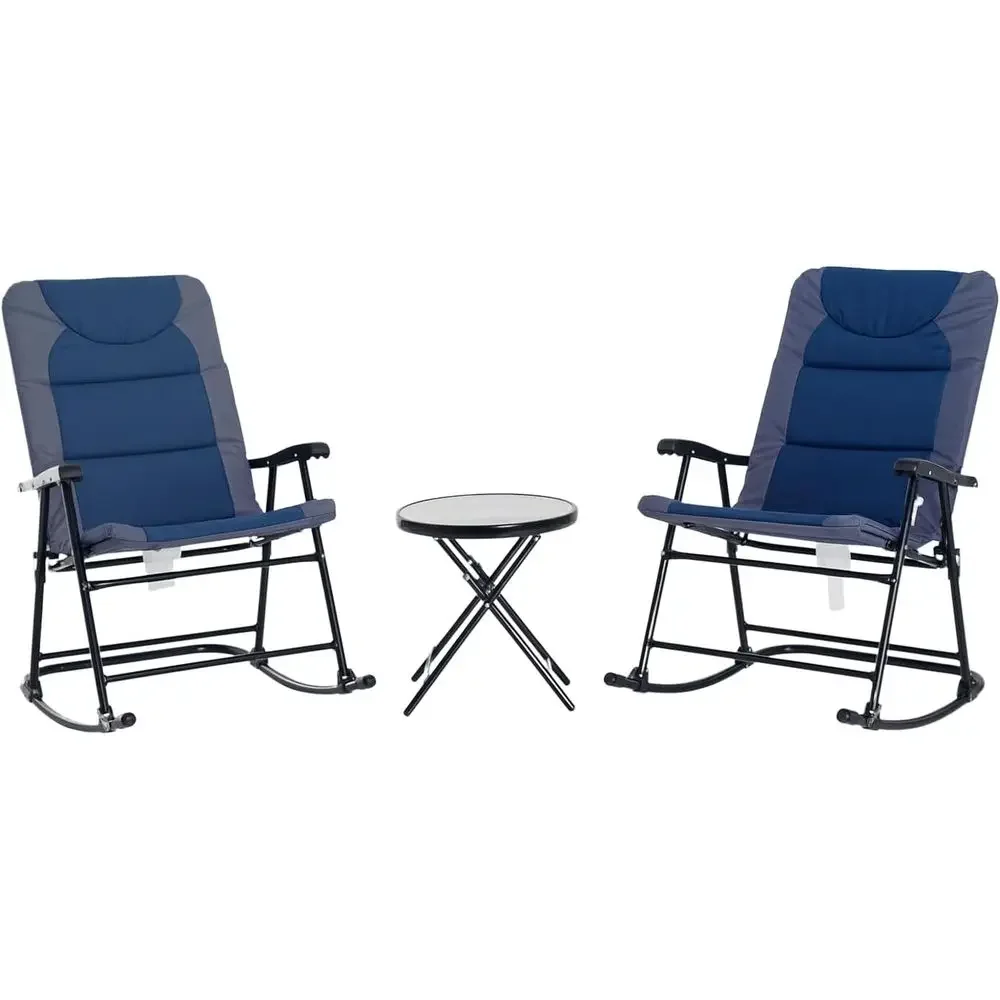 Outdoor Camping Rocking Chair - Marineblaues 3-teiliges Gartenmöbel-Set mit Glas-Couchtisch und