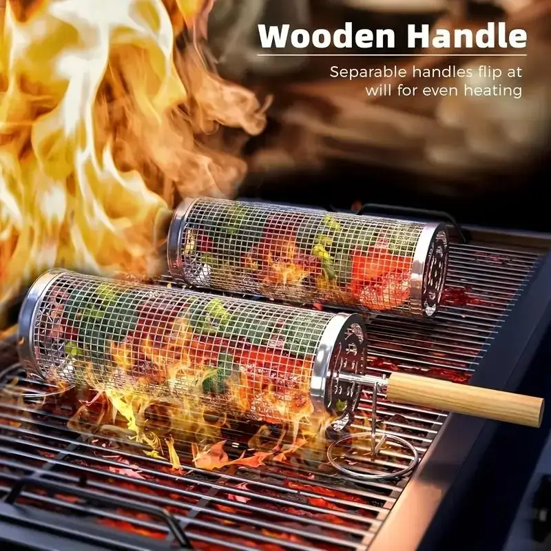 Outdoor Camping Grill - Edelstahl-Grillkorb, Runder Rollender Zylinderkäfig, Drahtgeflecht-Drehrost für