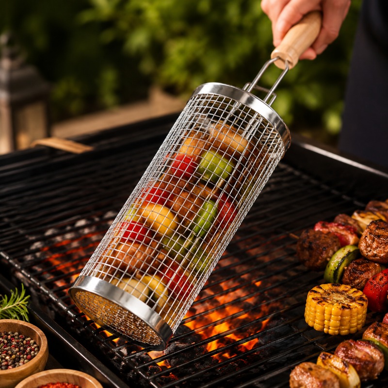 Outdoor Camping Grill - Runder Grillkorb-Set aus Edelstahl, rollbarer Stahlgitter-Grill