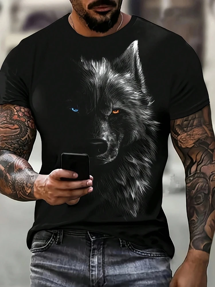 Urban Outdoor Camping - 26Herren-Kurzarm-T-Shirt, 3D-Wolfmuster, Street Fashion, urban, alltagstauglich,